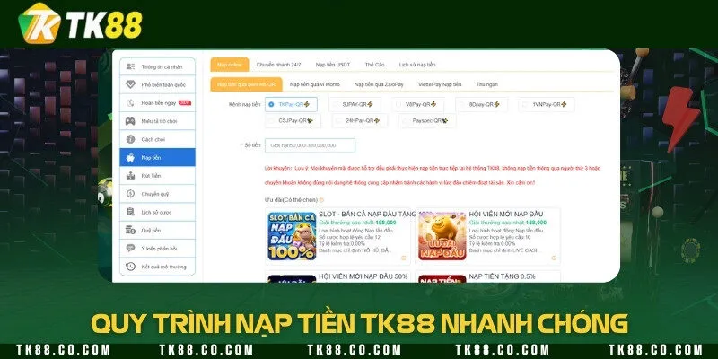 Quy tình nạp tiền TK88 nhanh chóng